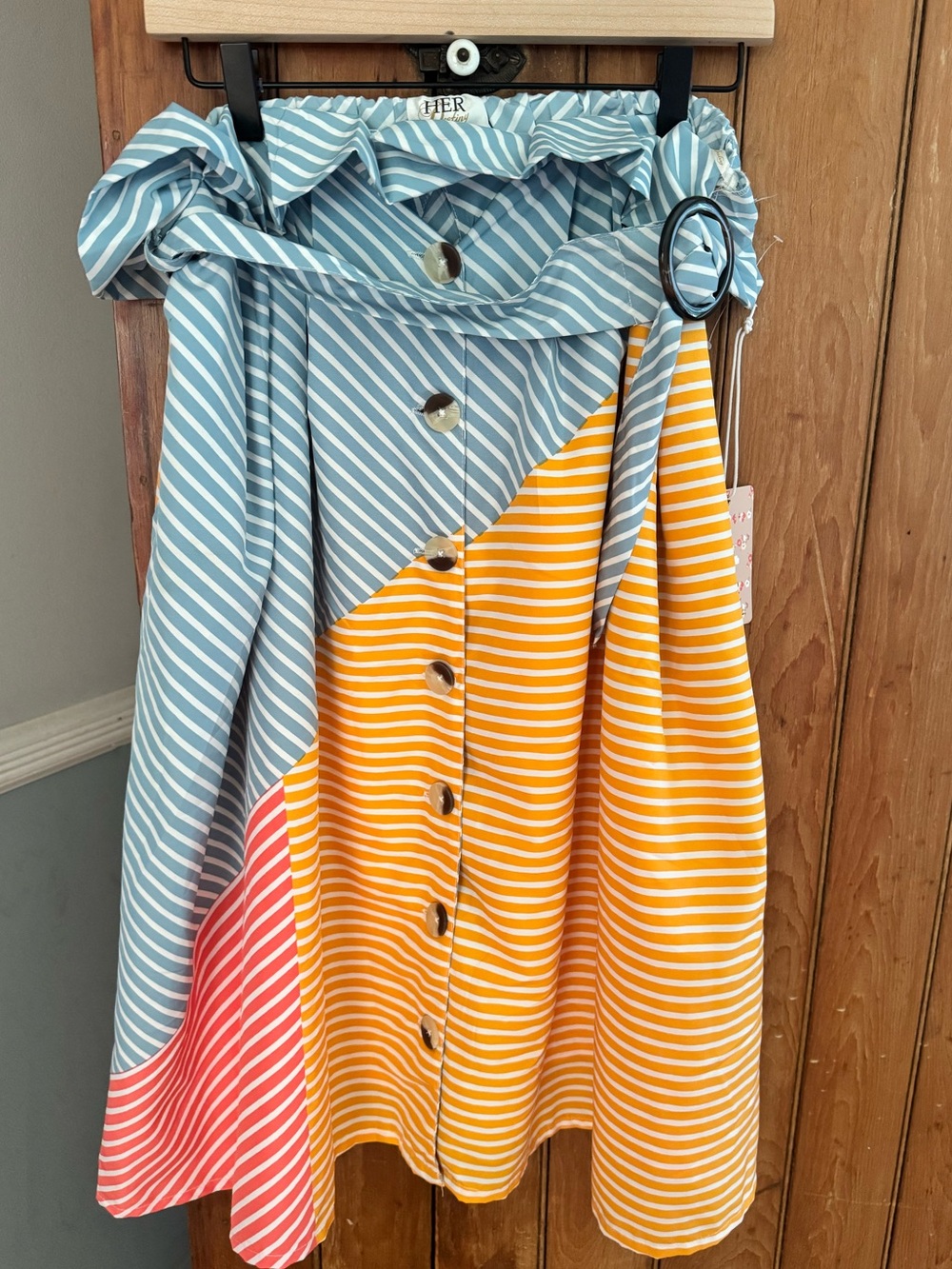 Women’s Her Destiny Colorblock Striped Belted Button Front Midi Skirt, Size XL